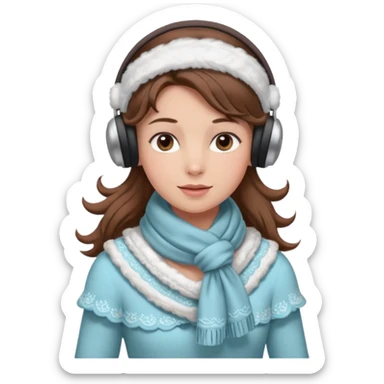 Victorian ice skater in a long dress. She is wearimg a scarf and earmuffs. She has boriwn hair. sticker