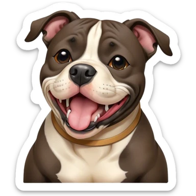 Cinematic Cute Yawning Black/Brindle Staffordshire Bull Terrier Portrait Emoji, Head tilted slightly with a dramatic, wide-open yawn, showcasing a smooth Fur with a striking black and brindle pattern, floppy ears slightly drooping, round dark eyes barely open in drowsy contentment, Simplified yet irresistibly adorable features, highly detailed, glowing with a soft, cozy glow, high shine, relaxed yet expressive, stylized with a touch of whimsy, bright and endearing, soft glowing outline, capturing the essence of a sleepy yet affectionate guardian, so drowsy it feels like it could stretch right out of the screen and curl up for a nap! sticker