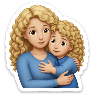 a mother with blond curly long hugging his son with brown hair and like saying its okay sticker