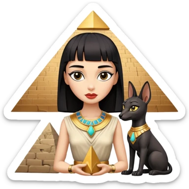 Kindly mannered Audrey Hepburn cleopatra Protecting silky black-haired tiny statuette scale feral Anubis and pyramid scenery stone-age cracked irregular dwelling  sticker