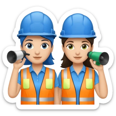 Duas pessoas com capacete de obras azul e um megafone na mão e camisa social cinza com faixas reflexivas verdes nos braços. Deve ser um homem e uma mulher. Os dois capacetes devem será azul escuro. sticker