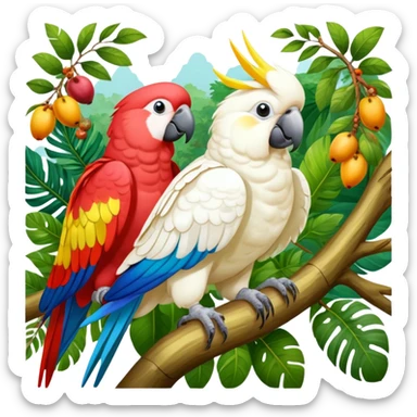 Close-up of colorful parrots Ara and Cockatoo Inca perched on tree branches, surrounded by lush greenery. Bright, vivid feathers contrast with the natural background of trees, leaves, fruits. Soft natural light, enhancing vibrant colors. Transparent background. sticker