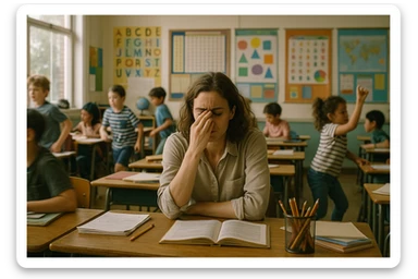 photograph of exhausted teacher in a bustling classroom sticker