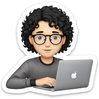 guy with wavy kinda curly black hair and light-to-medium skin tone like latino, half white and brown and glasses, with a macbook sticker