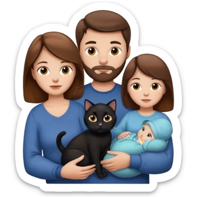 1 mom brown hair, 1 dad NO beard, 1 baby and 1 black cat sticker