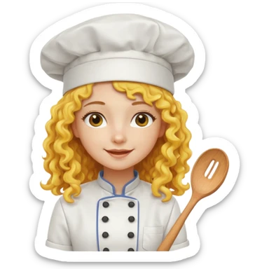 girl, yellow Long curly hair, happy, wearing chef uniform and chef hat sticker