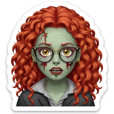 create a zombie with long red curly hair, thick lashes, black square glasses, gold nose piercings on each side of her nose, and a gold eyebrow piercing. sticker