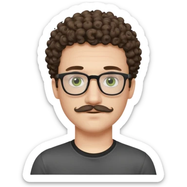 Light brunette curly haired young man with pale skin and glasses. Eyes are greenish grey and he has a moustache. Black t-shirt. sticker