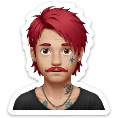 generate an ios genmoji of a 20 year old boy with shoulder length hair messy very messy dyed red hair. ear piercings. a lot of tattoos. and a faint stubble mustache sticker