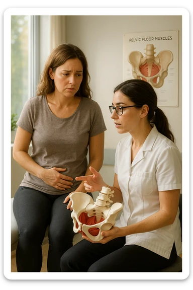 A realistic, cinematic illustration of a woman in her mid-30s with a thoughtful, slightly worried expression, sitting in a bright, modern physiotherapy clinic. She is wearing comfortable leggings and a loose top, with one hand resting gently on her lower abdomen, indicating discomfort. The scene shows a caring female pelvic floor physiotherapist explaining with a pelvis anatomical model, while the woman listens attentively but visibly concerned. In the background, soft natural light enters through the window, and an anatomical poster of pelvic floor muscles is visible on the wall. The environment is warm, clean, and reassuring, emphasizing the sensitivity of pelvic floor disorders while promoting trust and awareness in seeking help sticker