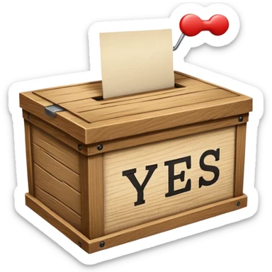 Vote box with "yes but" aber' written on the front and paper entering the top slot sticker