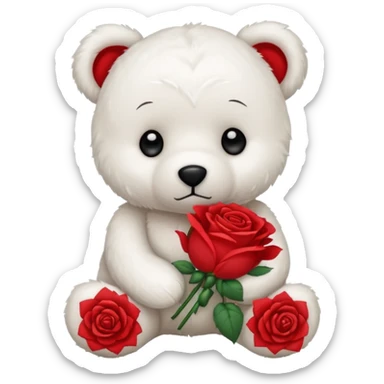 Cute white teddy bear with sad puppy dog eyes holding roses  sticker