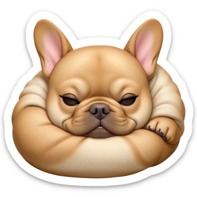 Cinematic Meme-Worthy Chubby Sleeping Fawn French Bulldog Portrait Emoji, Head resting peacefully with a contented smile, showcasing a delightfully chubby build and a luxuriously soft fawn coat, eyes shut in a serene nap, Simplified yet hilariously adorable features, highly detailed, glowing with a soft, drowsy light, high shine, relaxed and utterly lovable, stylized with an air of playful laziness, bright and heartwarming, soft glowing outline, capturing the essence of a comically sleepy companion, so meme-worthy it feels like it could instantly become the next viral sensation of adorable slumber! sticker