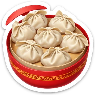 Chinese New Year dumplings Jiaozi with red background elements, simplified emoji style with bold outlines and bright colors, cartoon style festive food sticker