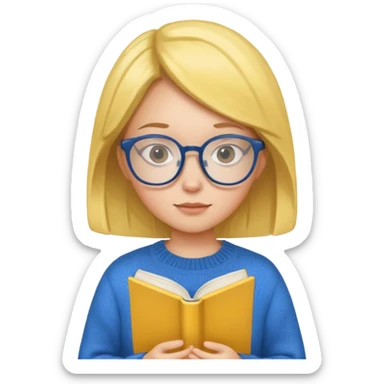 a girl with glasses wearing blue sweater reading a yellow cover book sticker
