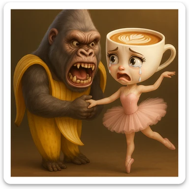 Edit the image to make the ballerina coffee cup character crying and the gorilla-banana character making a scary face, keeping their original style, outfits, and colors exactly as in the reference image. sticker