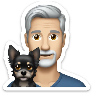Handsome man with gray goatee and gray hair and blue eyes holding all black long haired chihuahua sticker
