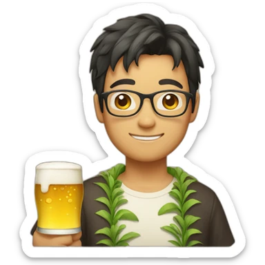 Japanese wearing glasses alohashirt is holding beer sticker