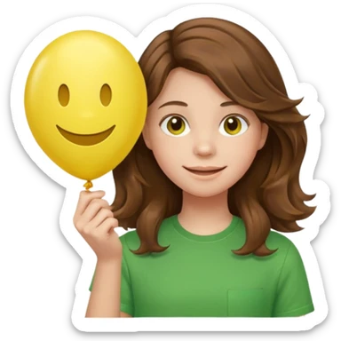 Teen girl wavy brown hair, green shirt, with smiley-face balloon sticker