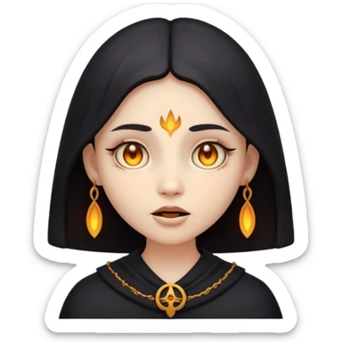 Stylized cult cartoon girl emoji, eerie-cute aesthetic, symmetrical design, subtle spooky vibe, glowing eyes, chanting “AMILK”, bold graphic icon sticker