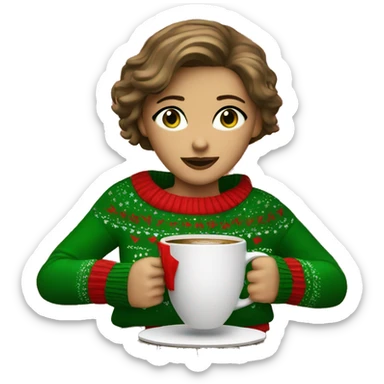 Light brown short haired girl with green eyes drinking coffee wearing red Christmas sweater sticker