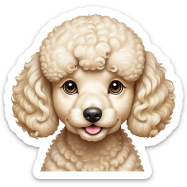Cinematic Cute Cream Poodle Portrait Emoji, Head tilted playfully and inquisitively, showcasing a bouncy, curly cream Fur with a luminous sheen, round, sparkling warm eyes filled with curiosity, Simplified yet irresistibly adorable features, highly detailed, glowing with a warm, friendly glow, high shine, affectionate and lively, stylized with a touch of whimsy, bright and endearing, soft glowing outline, capturing the essence of a mischievous yet loving companion, so playful it feels like it could bounce out of the screen and into your arms! sticker