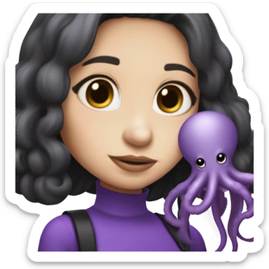 girl with white skin, longish very dark brown/black hair, wearing an all-purple full body outfit, holding a purple octopus in her hand, holding an IQOS in her other hand sticker