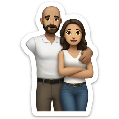 Comforting hug from brunette Puerto Rican with dark brown eyes to short, bald man with brown eyes and a beard sticker