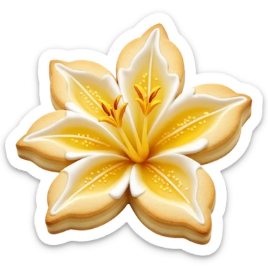 Realistic shortbread cookie in the shape of a lily flower with pastel yellow color jelly middle filling and sprinkled powder sugar on top. sticker
