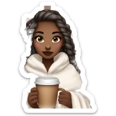 Cute girl with makeup and big giant fake eyelashes with a cozy aesthetic white and brown plaid blanket and hot coca sticker