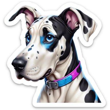 Cinematic Comical Harlequin Great Dane Portrait Emoji, Head tilted dramatically with an exaggeratedly shocked or amused expression, featuring a striking coat of predominantly white with vivid black patches, wide, expressive blue eyes filled with playful disbelief, Simplified yet hilariously expressive features, highly detailed, glowing with a slightly sassy glow, high shine, dramatic yet playful, stylized with an air of cheeky charm, bright and endearing, soft glowing outline, capturing the essence of a spirited and over-the-top guardian, so meme-worthy it feels like it could side-eye its way into internet fame instantly! sticker