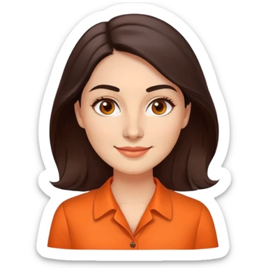 Professional woman in her 30s with light complexion, oval face, gentle features, large dark brown eyes, well-formed medium eyebrows, small nose, warm friendly smile, long slightly wavy dark brown hair, wearing a bright orange dress shirt sticker