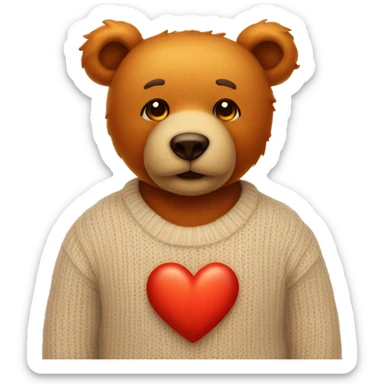 Orange eyes teddy bear wearing a beige sweater with a red heart in the middle sticker