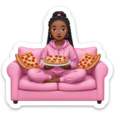 A dark-brown-skinned Black woman with black box braids, sitting on a pink couch, holding an open pizza box.She’s wearing comfy loungewear, looking relaxed and enjoying her food. sticker