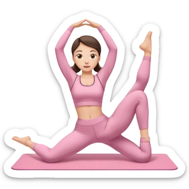 white brunette girl in light pink workout clothes doing dance stretching on yoga mat sticker