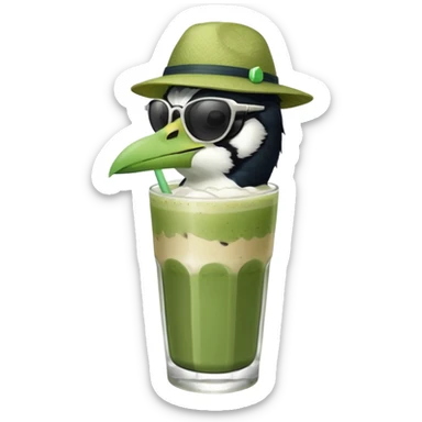 It’s an Australien Magpie sitting on an iced matcha latte on the edge of the glass. It has green matcha on its beak indicating it drank. The iced matxha latte is in a see through glass and white from the oat milk on the bottom and green on top…and there is a straw in the drink and ice cubes sticker