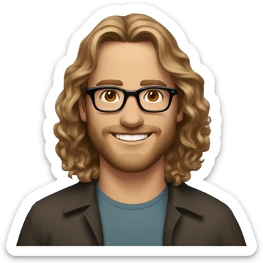 35 year old guy caucasien coming from south of france, brown and curling mid long hair, trend black glasses, smiling sticker