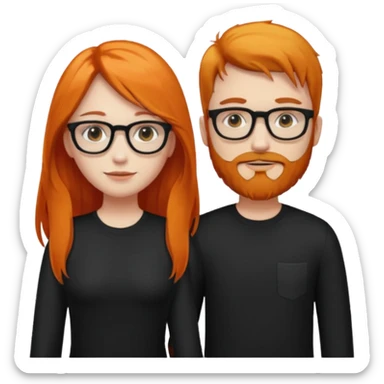 girl with long orange hair wearing no glasses and all black clothes and holding hands with boy with black hair and beard and glasses and pale skin sticker