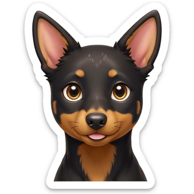 Cinematic Cute Black and Tan Kelpie Portrait Emoji, Head tilted playfully and inquisitively, featuring a sleek black Fur with vibrant tan markings, round, sparkling dark eyes filled with curiosity, Simplified yet irresistibly adorable features, highly detailed, glowing with a warm, friendly glow, high shine, affectionate and spirited, stylized with a touch of whimsy, bright and endearing, soft glowing outline, capturing the essence of a mischievous yet loving herder, so playful it feels like it could leap out of the screen and into your arms! sticker