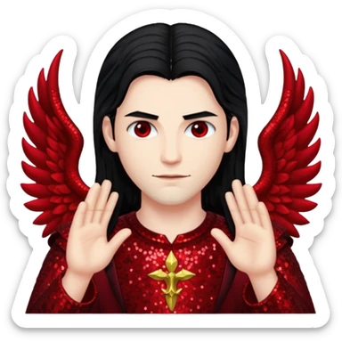 Lucifer from The Bible with long black hair, dark red sequin outfit sticker