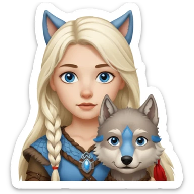 Viking platinum blonde girl with long hair, forelocks and blue eyes. Wolf pet sticker