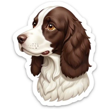 Cinematic Noble Springer Spaniel Portrait Emoji, Poised and regal, with a medium build and a glossy, well-groomed Fur of rich liver and white, deep-set soulful brown eyes, Simplified yet sharp and sophisticated features, highly detailed, glowing with a soft, dignified glow, high shine, intelligent and alert, stylized with an air of grace, focused and attentive, soft glowing outline, capturing the essence of a watchful and confident companion, so majestic it feels as though it could bound out of the screen with effortless authority! sticker