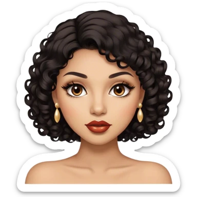 Glamourous, light brown skin tone, very beautiful woman, with big plump lips, long long lashes, black curly smooth short hair, brown eyes sticker