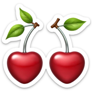 A pair of cherries emoji made of polished silver chrome, smooth rounded shapes, glossy metallic finish, soft highlights and reflections, cute proportions, iOS emoji style, centered, clean white background, no text sticker