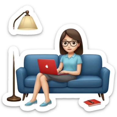 A girl is working with a laptop while lying on a sofa, with a floor lamp to the right. sticker