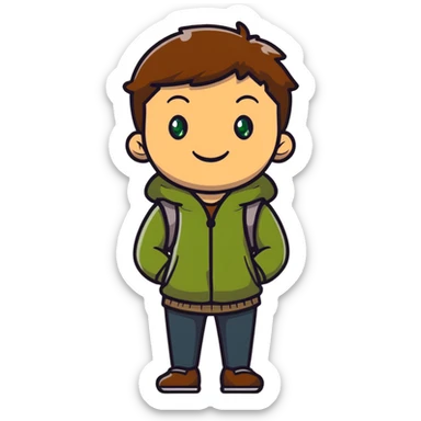 Rudeus Greyrat smiling warmly, green eyes, short brown hair, wearing travel clothes, friendly and kind expression sticker