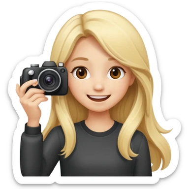 blonde girl photographer cartoon taking picture in middle of taking picture camera in front of face long hair smiling funny flash professional camer sticker