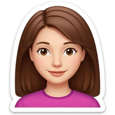 woman with straight brown hair parted down the middle with a smile sticker