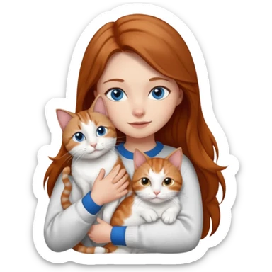 a girl with long brown hair, with blue eyes, in a
white sweater, hugs 3 cats a brown tabby and white, a ginger and white and a grey and white sticker
