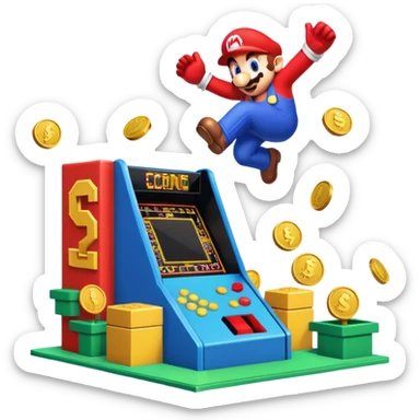 An icon featuring a classic arcade game scene, with a pixelated character jumping over obstacles and collecting coins. The design evokes the nostalgia of games like Super Mario or Sonic, with vibrant colors and a retro, 8-bit style. transparent background. sticker